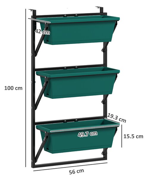 Outsunny Fioriera da Esterno Verticale e 3 Vasi per Piante in Plastica con Fori di Drenaggio, 56x42x100 cm, Verde