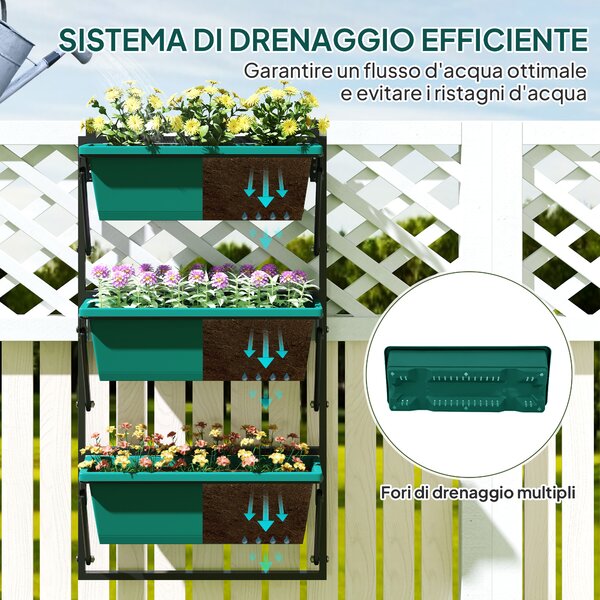 Outsunny Fioriera da Esterno Verticale e 3 Vasi per Piante in Plastica con Fori di Drenaggio, 56x42x100 cm, Verde