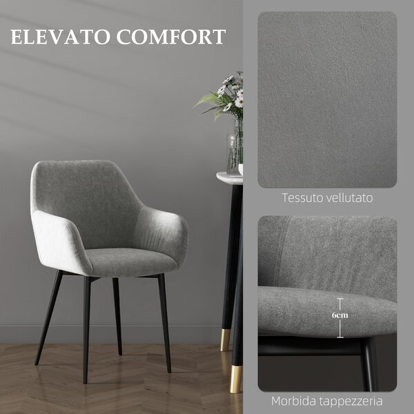 HOMCOM Set 2 Sedie da Pranzo Nordiche Imbottite con Braccioli Ricurvi in Tessuto Effetto Velluto, 54x57x80 cm, Grigio Scuro