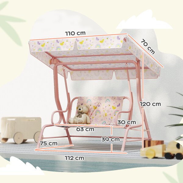 AIYAPLAY Dondolo per Bambini da Esterno a 2 Posti con Tettuccio Regolabile e Cinture di Sicurezza, 112x75x120 cm, Rosa