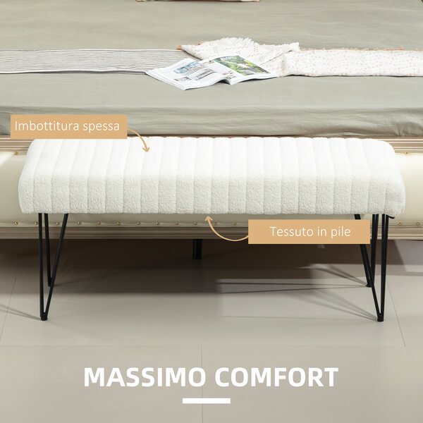 HOMCOM Panca Fondoletto Moderna con Gambe a Forcina, in Tessuto Effetto Ciniglia, Legno e Metallo, 118.5x46x49.5 cm, Crema