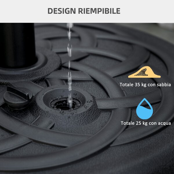 Outsunny Base per Ombrellone Rotonda in Plastica Riempibile con Acqua e Sabbia per Pali da 38-48 mm, Ø56 cm, Nero
