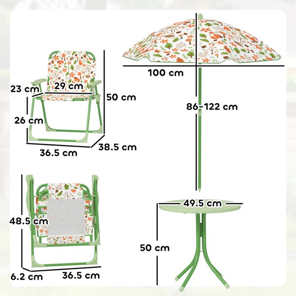 AIYAPLAY Set da Giardino per Bambini 2-5 Anni con Tavolino Rotondo, 2 Sedie Pieghevoli e un Ombrellone, Verde