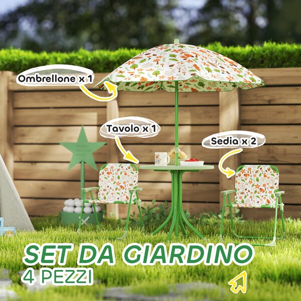 AIYAPLAY Set da Giardino per Bambini 2-5 Anni con Tavolino Rotondo, 2 Sedie Pieghevoli e un Ombrellone, Verde