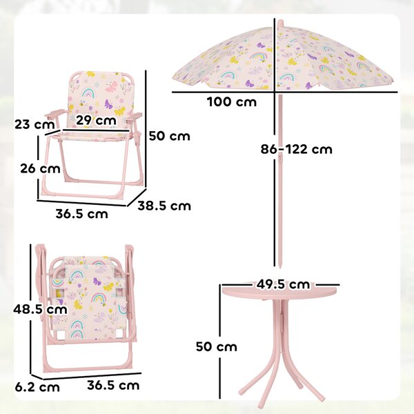 AIYAPLAY Set da Giardino per Bambini 2-5 Anni con Tavolino Rotondo, 2 Sedie Pieghevoli e un Ombrellone, Rosa