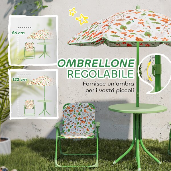 AIYAPLAY Set da Giardino per Bambini 2-5 Anni con Tavolino Rotondo, 2 Sedie Pieghevoli e un Ombrellone, Verde