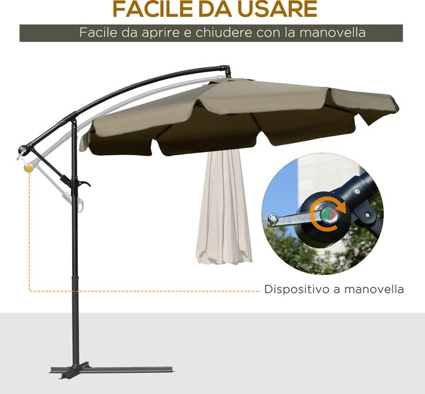 Outsunny Ombrellone da Giardino a Braccio con Apertura a Manovella in Metallo e Poliestere, Ø2.7x2.7 m, Caffè