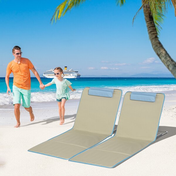 Outsunny Set 2 Sdraio da Spiaggia Pieghevoli con Schienale Regolabile e Poggiatesta, 53x124x35-45 cm, Beige e Azzurro