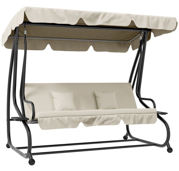 Outsunny Dondolo Letto da Giardino con Tettuccio Regolabile e Vassoi, in Acciaio e Teslin, 200x120x164 cm, Crema