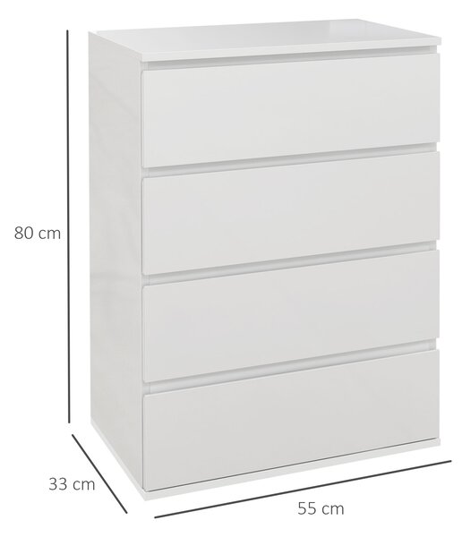 HOMCOM Cassettiera 4 Cassetti in Legno, Comò per Camera da Letto Moderno e Multiuso, 55x33x80 cm, Bianco