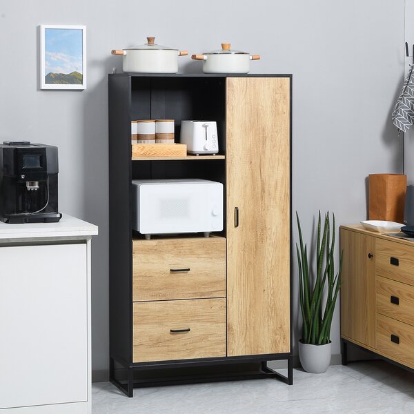 HOMCOM Credenza Moderna da Cucina con 2 Cassetti, 2 Ripiani e un Armadietto, 88x35x160 cm, Legno e Nero