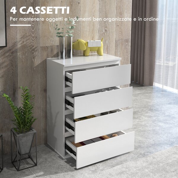 HOMCOM Cassettiera 4 Cassetti in Legno, Comò per Camera da Letto Moderno e Multiuso, 55x33x80 cm, Bianco