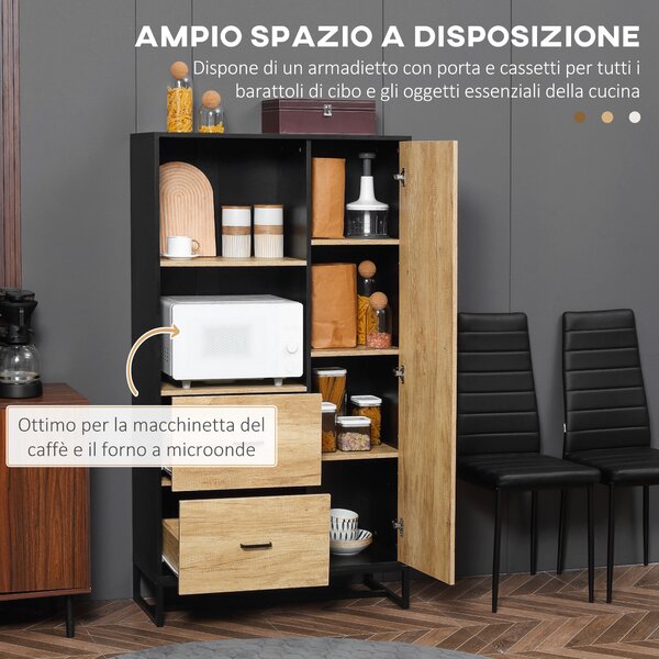 HOMCOM Credenza Moderna da Cucina con 2 Cassetti, 2 Ripiani e un Armadietto, 88x35x160 cm, Legno e Nero