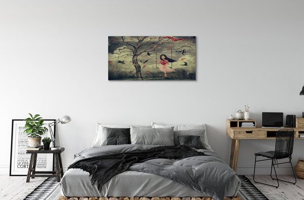Quadro su tela Tree Birds Girl Cloud Rocks 100x50 cm