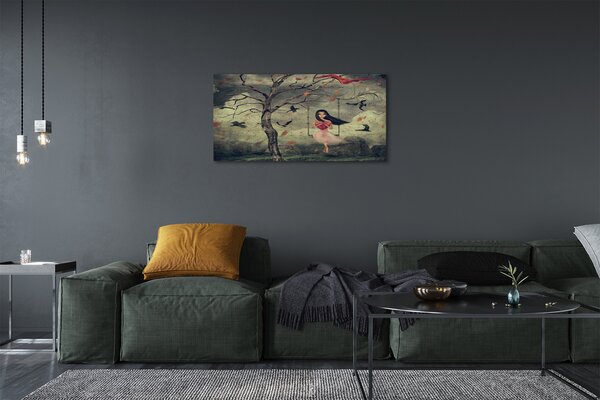 Quadro su tela Tree Birds Girl Cloud Rocks 100x50 cm
