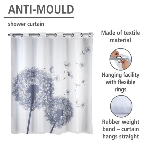 Tenda da doccia bianca con finitura antimuffa Dandelions, 180 x 200 cm Astera - Wenko