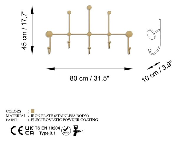 Attaccapanni da parete color oro in metallo Dama - Kalune Design