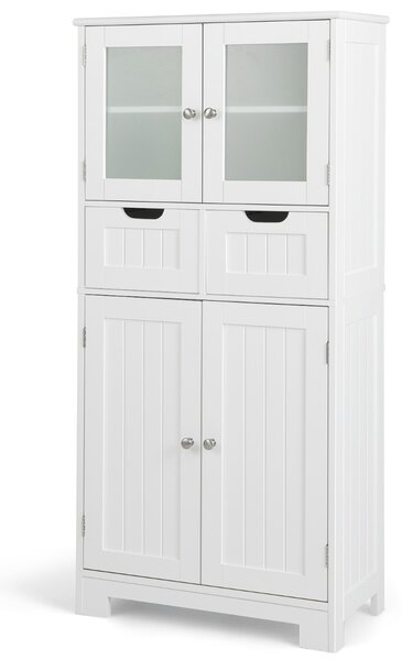 Costway Armadio da terra con 4 ante 2 cassetti e ripiani regolabili, Mobile da bagno indipendente multifunzionale Bianco