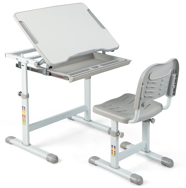 Costway Set scrivania e sedia per bambini con altezza regolabile e cassetto, Set tavolo con superficie inclinabile Grigio
