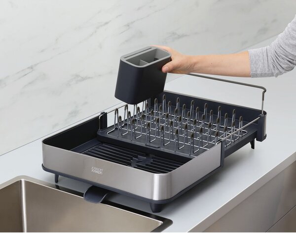 Set di scolapiatti e dispenser di sapone nero/argentato in plastica 36x32 cm Rethink Your Sink – Joseph Joseph