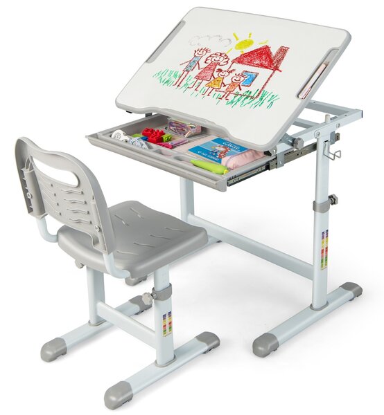 Costway Set scrivania e sedia per bambini con altezza regolabile e cassetto, Set tavolo con superficie inclinabile Grigio