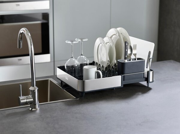 Set di scolapiatti e dispenser di sapone nero/argentato in plastica 36x32 cm Rethink Your Sink – Joseph Joseph