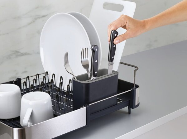 Set di scolapiatti e dispenser di sapone nero/argentato in plastica 36x32 cm Rethink Your Sink – Joseph Joseph