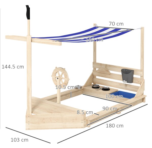 Outsunny Sabbiera con Tettuccio e Set Cucina per Bambini 3-7 Anni, Legno di Abete, Gioco Esterno Creativo, 180x103x144.5 cm|Aosom