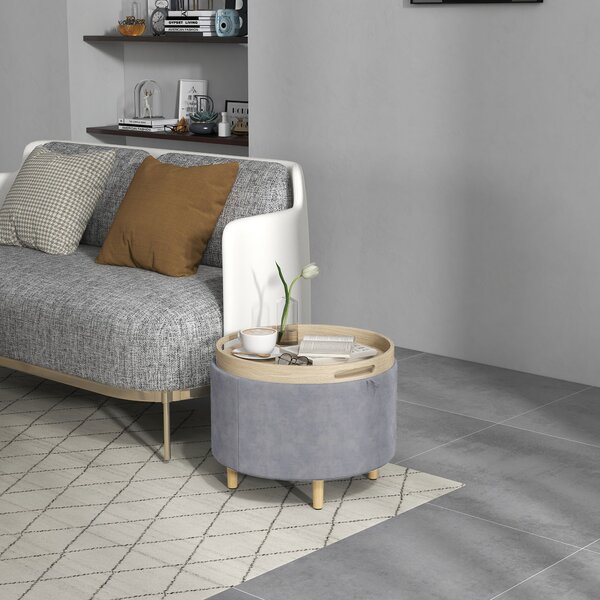 HOMCOM Pouf Contenitore Vellutato da 120 kg max con Vassoio a Ribalta, in MDF e Rovere, 56x56x42 cm, Grigio|Aosom