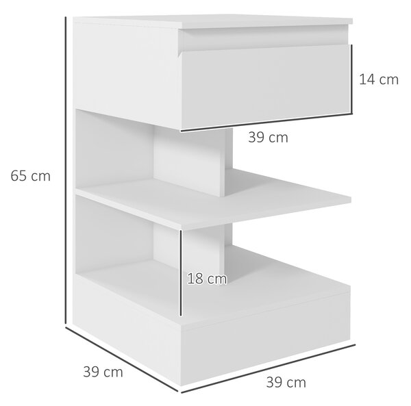 HOMCOM Comodino Moderno in Truciolato e MDF con un Cassetto e 2 Ripiani, 39x39x65 cm, Bianco