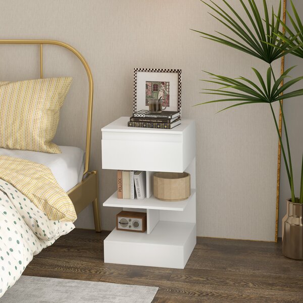 HOMCOM Comodino Moderno in Truciolato e MDF con un Cassetto e 2 Ripiani, 39x39x65 cm, Bianco