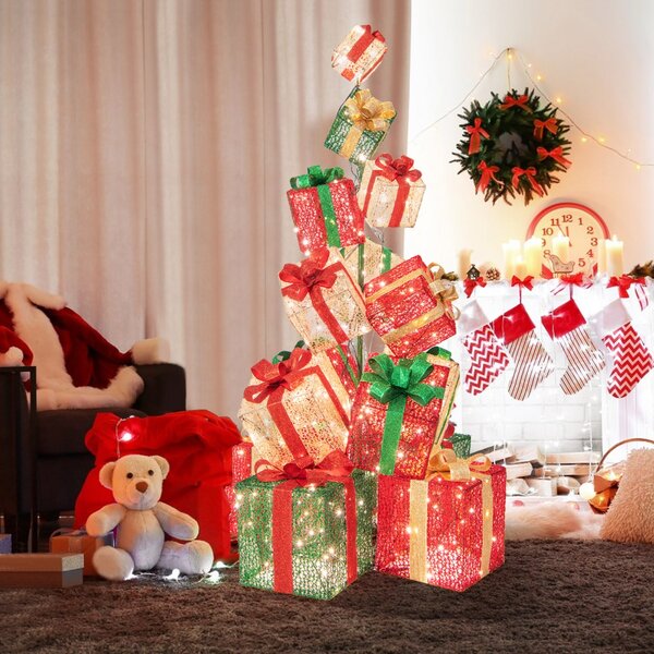 Costway Torre di scatole regalo con 450 luci bianche calde, 15 Scatole regalo pre-illuminate impilate 100x100x170cm