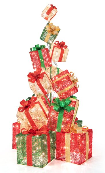 Costway Torre di scatole regalo con 450 luci bianche calde, 15 Scatole regalo pre-illuminate impilate 100x100x170cm