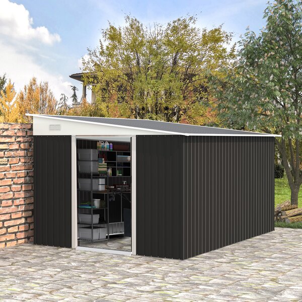 Outsunny Casetta da Giardino con Porta Scorrevole, in Acciaio, 345x280.5x169-201 cm, Nero | Aosom Italy