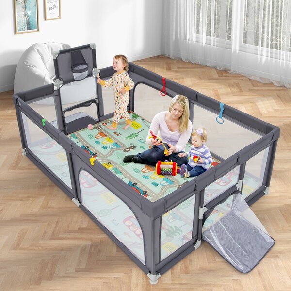 Costway Box per bambini con tappetino canestro reti da calcio e anelli, Centro attività con borsa di trasporto Grigio scuro