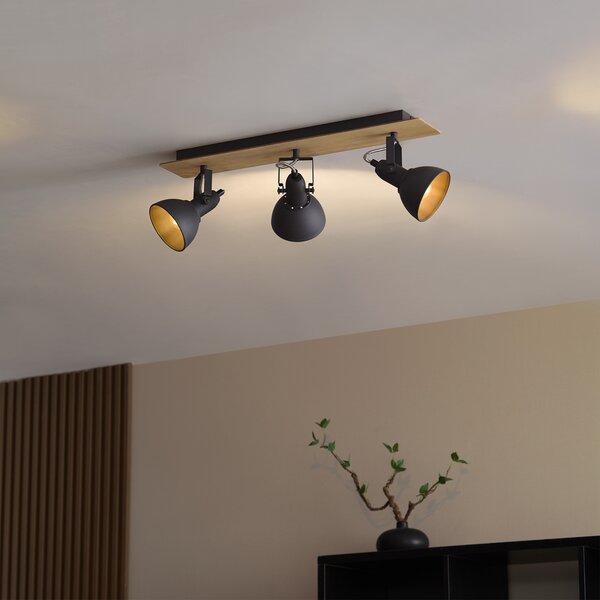 Faretto da soffitto nero con legno 3 luci ruotabile e inclinabile - Jakub