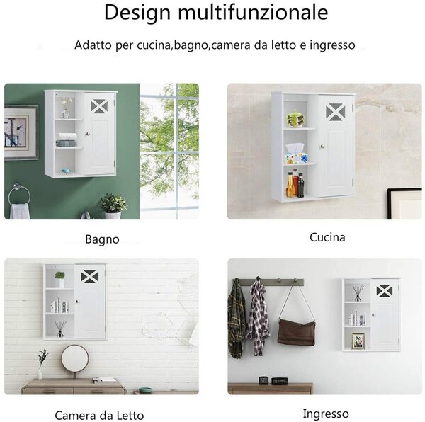 Costway Mobiletto da bagno a muro Armadietto di stoccaggio da bagno 48x17,5x61cm Bianco