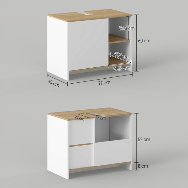 Kleankin Mobile Bagno Sottolavabo con Armadietto e 2 Mensole in Legno Truciolare, 77 x 45 x 60cm, Bianco e Color Legno|Aosom