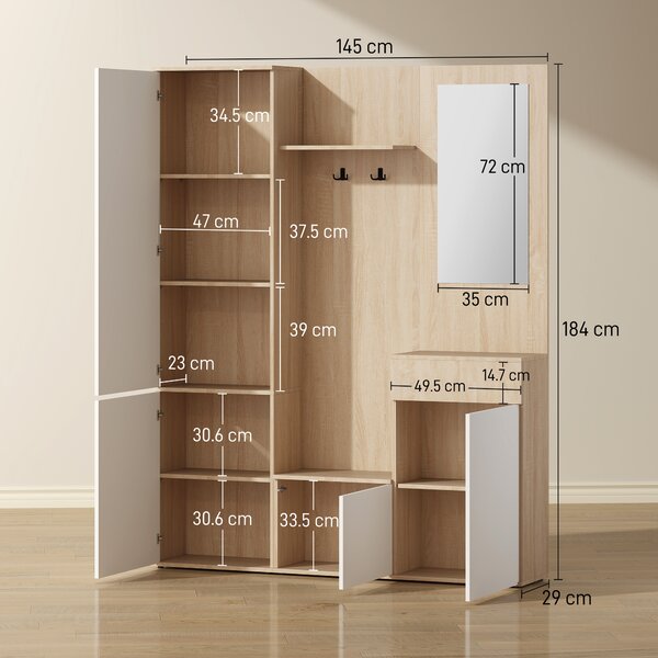 HOMCOM Mobile da Ingresso 4 in 1 con appendiabiti, panca, scaffale aperto, cassetto e degli armadietti , 145x29x184 cm, Nero e Bianco| Aosom Italy