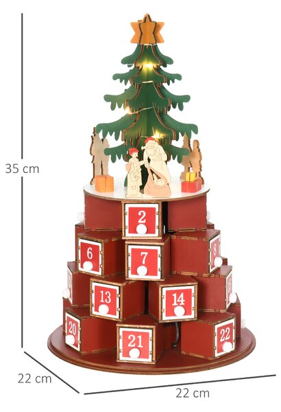 HOMCOM Calendario Avvento di Natale a Cono con Motivi a Tema e 10 Luci a LED, 22x22x35 cm, in Compensato, Rosso Verde e Giallo|Aosom