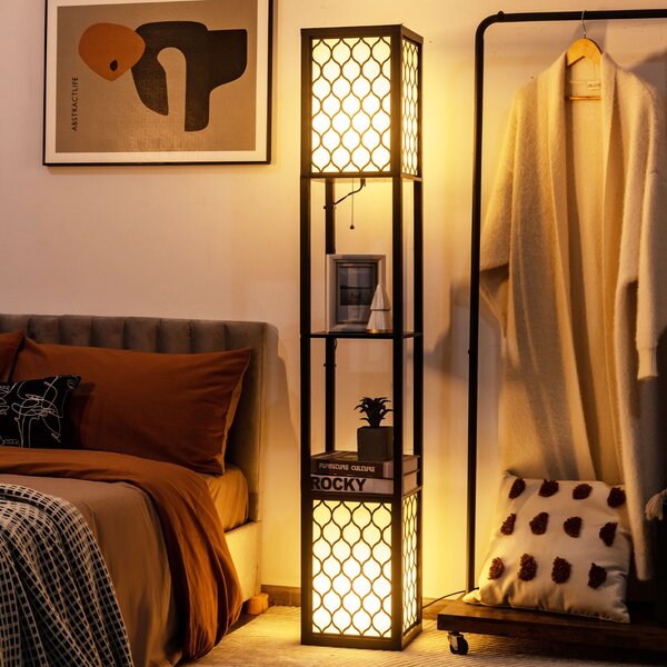 Costway Lampada a stelo e scaffale moderno con interruttore a pedale e a catena, Doppia lampada con 2 ripiani di legno
