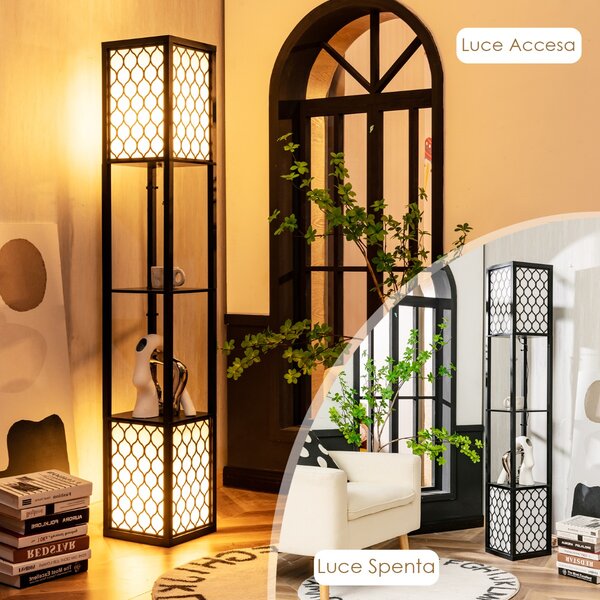 Costway Lampada a stelo e scaffale moderno con interruttore a pedale e a catena, Doppia lampada con 2 ripiani di legno