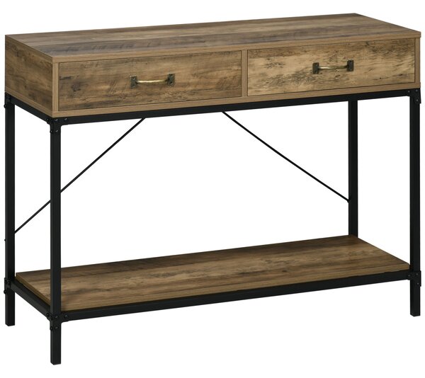 HOMCOM Tavolo Consolle da Ingresso Vintage in Metallo e Legno, Tavolino da Salotto e Soggiorno con 2 Cassetti e Mensola, Marrone|Aosom