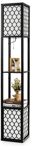 Costway Lampada a stelo e scaffale moderno con interruttore a pedale e a catena, Doppia lampada con 2 ripiani di legno
