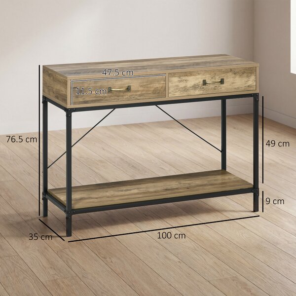 HOMCOM Tavolo Consolle da Ingresso Vintage in Metallo e Legno, Tavolino da Salotto e Soggiorno con 2 Cassetti e Mensola, Marrone|Aosom