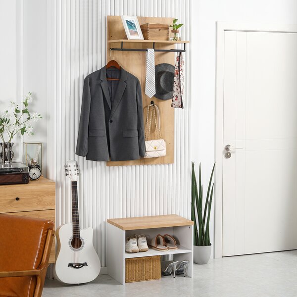 HOMCOM Mobile da Ingresso con Scarpiera Bassa, Panca e Appendiabiti da 4 Ganci in Truciolato e Acciaio, 60x28x120 cm | Aosom Italy