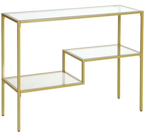 HOMCOM Tavolo Consolle in Acciaio Dorato con 3 Ripiani in Vetro, Piedini Regolabili, per Ingresso, Soggiorno, Salotto, 100x32x76 cm, Oro | Aosom