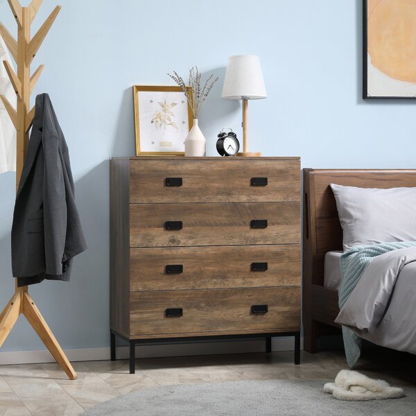 HOMCOM Settimino 4 Cassetti con Gambe in Metallo per Soggiorno e Camera da Letto, Cassettiera in Legno, Credenza con Cassetti, Marrone | Aosom Italy
