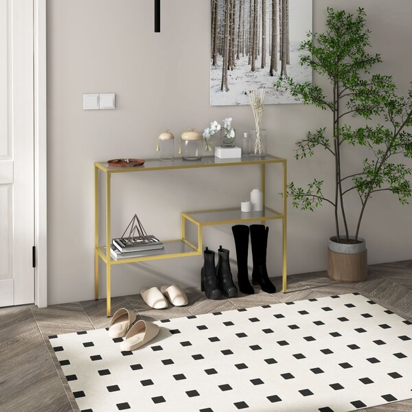 HOMCOM Tavolo Consolle in Acciaio Dorato con 3 Ripiani in Vetro, Piedini Regolabili, per Ingresso, Soggiorno, Salotto, 100x32x76 cm, Oro | Aosom