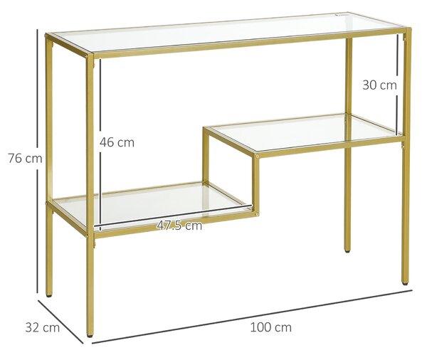 HOMCOM Tavolo Consolle in Acciaio Dorato con 3 Ripiani in Vetro, Piedini Regolabili, per Ingresso, Soggiorno, Salotto, 100x32x76 cm, Oro | Aosom